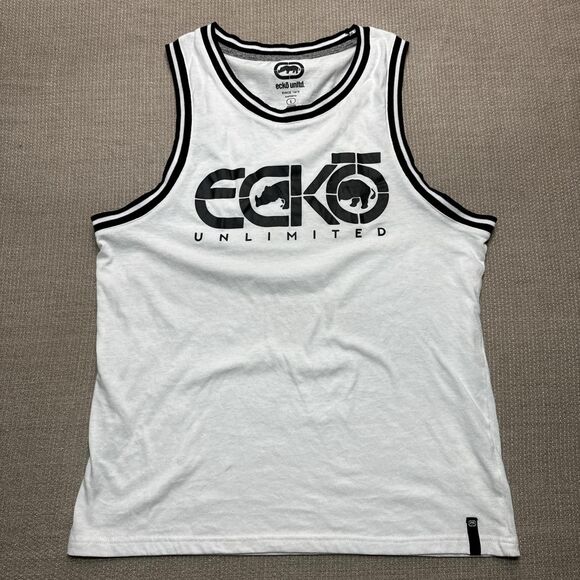 Ecko Unltd streetwear White Tank with retro black trim athletic inspired - Picture 1 of 4
